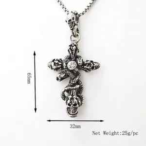 Pendentif croix gothique argenté avec crâne et serpent, bijoux vintage 65mm x 32mm