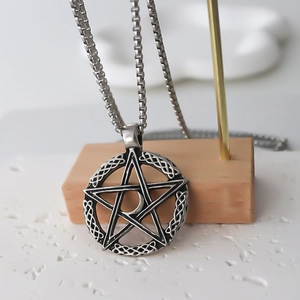 Retro silver pentagram necklace with Celtic knot moon pendant on a steel box chain