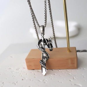 Silver dragon and sword pendant necklace with stainless steel square chain for men and women