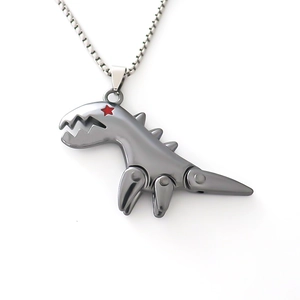 Mechanical punk T-Rex dinosaur pendant necklace in gun black finish with red star detail