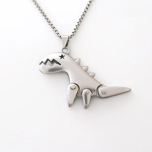Mechanical style silver dinosaur pendant necklace with a matte finish on a box chain