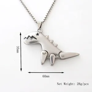 Mechanical dinosaur pendant necklace in matte silver alloy with 35mm height and 60mm width