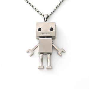 Collana lunga con catena a scatola e ciondolo a robot in acciaio inossidabile argento lucido
