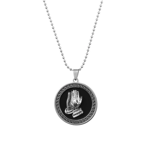 Minimalist silver alloy necklace with praying hands pendant and Greek meander border