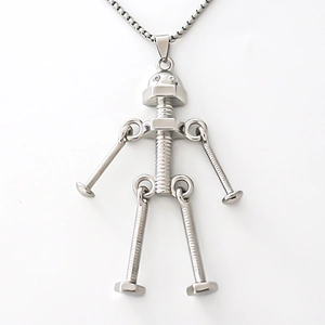 Collier avec pendentif robot en acier inoxydable de style industriel et filetage métal