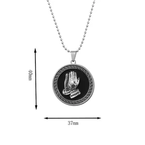 Polished alloy praying hands pendant necklace with textured border 40mm x 37mm