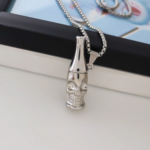 Unique bottle shaped skull pendant necklace in silver stainless steel with pearl chain