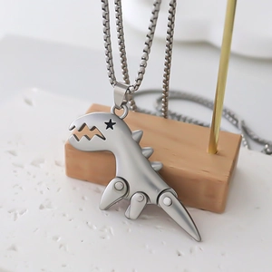 Mechanical cartoon dinosaur pendant necklace in silver finish with box chain