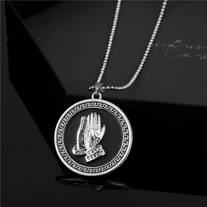 Vintage Alloy Praying Hands Pendant Necklace Round Greek Key Meander Pattern Chain Religious Hip Hop Jewelry For Men Women