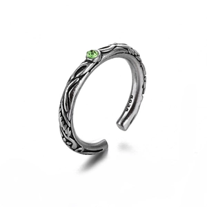 Vintage S925 sterling silver open ring with vine texture and green gemstone center