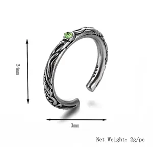 Retro silver open ring with green stone inlay and wavy texture, 24mm diameter size