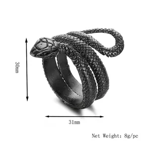 Gothic black snake-shaped ring with scale texture and multi-wrap adjustable design