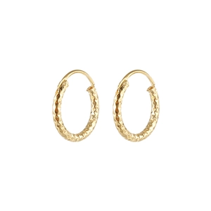 Detail of gold titanium steel hoop earrings featuring diamond-cut textured surface
