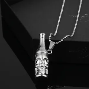 Gothic Punk Skull Bottle Pendant Necklace For Men Women Silver Alloy Skeleton Head Bottle Charm Street Hip Hop Jewelry