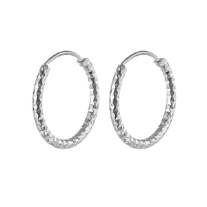 Macro detail of silver titanium steel spiral hoop earrings with diamond cut texture