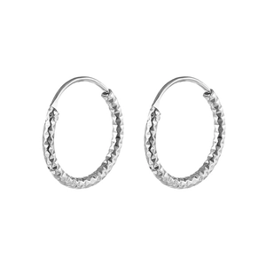 Macro view of silver hoop earrings featuring intricate diamond-cut textured surface