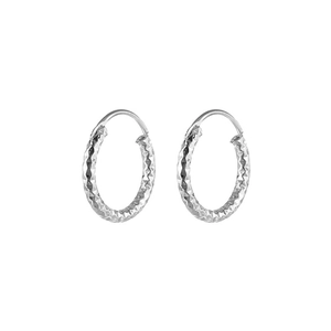 Detail shot of silver titanium steel hoop earrings with diamond-cut faceted texture
