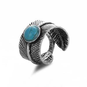 Anello piuma vintage in argento con pietra turchese e dettagli bohémien