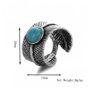 Anello a piuma vintage argento con turchese e visualizzazione delle dimensioni esatte