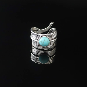 Anello Aperto in Lega Vintage a Forma di Piuma Regolabile con Turchese Colore Argento Retrò per Uomo Donna Gioielli Etnici