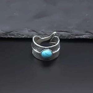 Anello piuma argento retrò con pietra turchese e design aperto regolabile