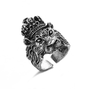 Silver-colored crown lion head ring with adjustable open band for a punk style