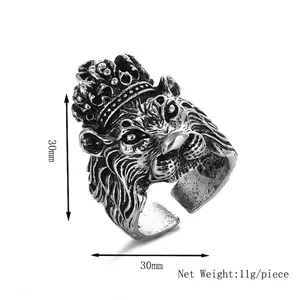 Silver lion head crown ring for men, vintage carved open finger ring jewelry