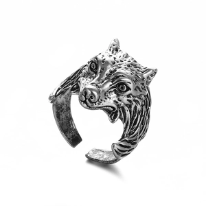 Retro wolf head ring in antique silver finish with adjustable open band for men