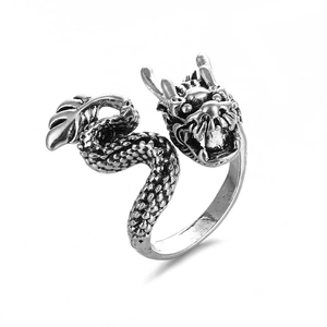 Vintage silver dragon-shaped open ring with detailed scales and gothic aesthetic