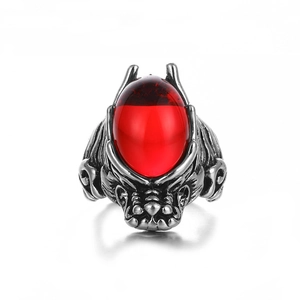 Punk style predator mask dragon ring for men with vintage finish and oval red stone