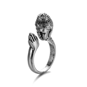 Vintage oxidized silver Buddha head ring with prayer hands in ethnic style for men and women