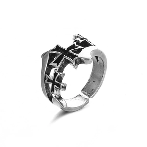 Gothic hollow cross open ring in vintage oxidized silver finish for men and women