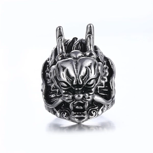 Vintage silver dragon head ring for men in retro stainless steel punk style jewelry