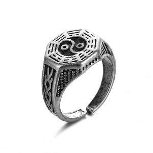 Vintage silver Tai Chi Bagua open ring for men featuring antique finish and patterns