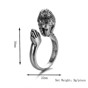 Ethnic Buddha head open ring with praying hands and vintage silver finish dimensions