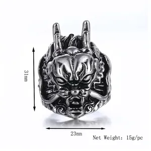 Vintage dragon head ring for men in silver finish, size 31mm height and 23mm width
