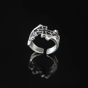 Gothic vintage silver alloy open ring with triple cross patterns for men on black background