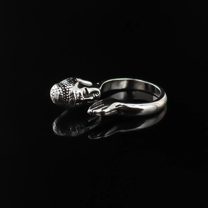 Vintage Ethnic Buddha Head Prayer Hands Adjustable Open Ring For Men Women Alloy Electroplated Buddhist Culture Jewelry Gift