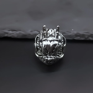 Alloy Retro Dragon Head Ring Adjustable Punk Style Men Zodiac Silver Jewelry