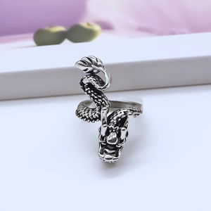 Vintage silver dragon ring with intricate scale details and adjustable open band for men and women