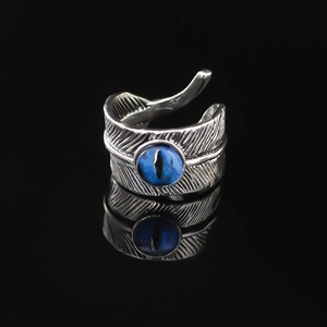 Retro Punk Alloy Feather Open Ring For Men Vintage Gothic Adjustable Finger Ring With Blue Decorative Stone Jewelry