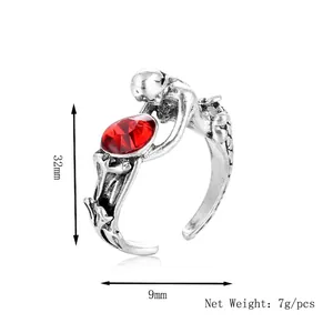 Punk style mermaid open ring with red stone in vintage silver finish, 32mm height
