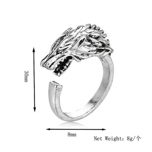 Retro silver punk wolf head open ring with 30mm height and detailed vintage engraving