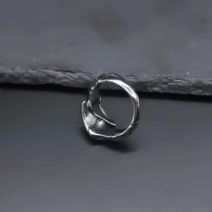 Vintage punk silver lava-textured open ring with molten liquid metal art design