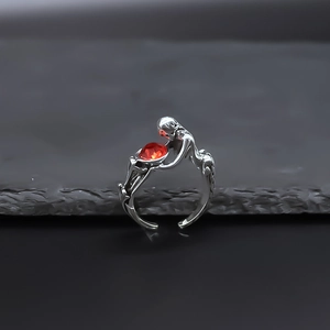 Vintage Punk Mermaid Holding Red Heart Rhinestone Open Alloy Ring For Men Women Gothic Jewelry Antique Silver Finish