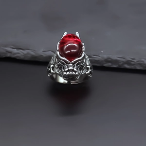 3D dragon head ring for men featuring an oval red gemstone and punk alloy finish