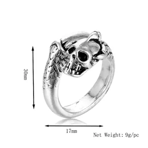 Gothic punk skull and snake silver ring with 30mm height and 17mm inner diameter