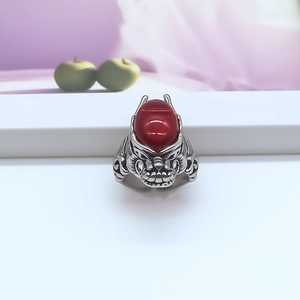 Gothic dragon head ring for men with red gemstone on polished silver alloy base