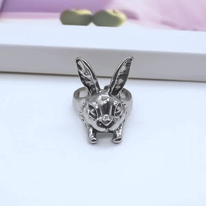 Close-up detail of silver alloy rabbit head ring with intricate vintage punk design features