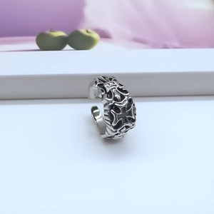 Retro punk gothic cross ring for men with an adjustable open band in silver finish